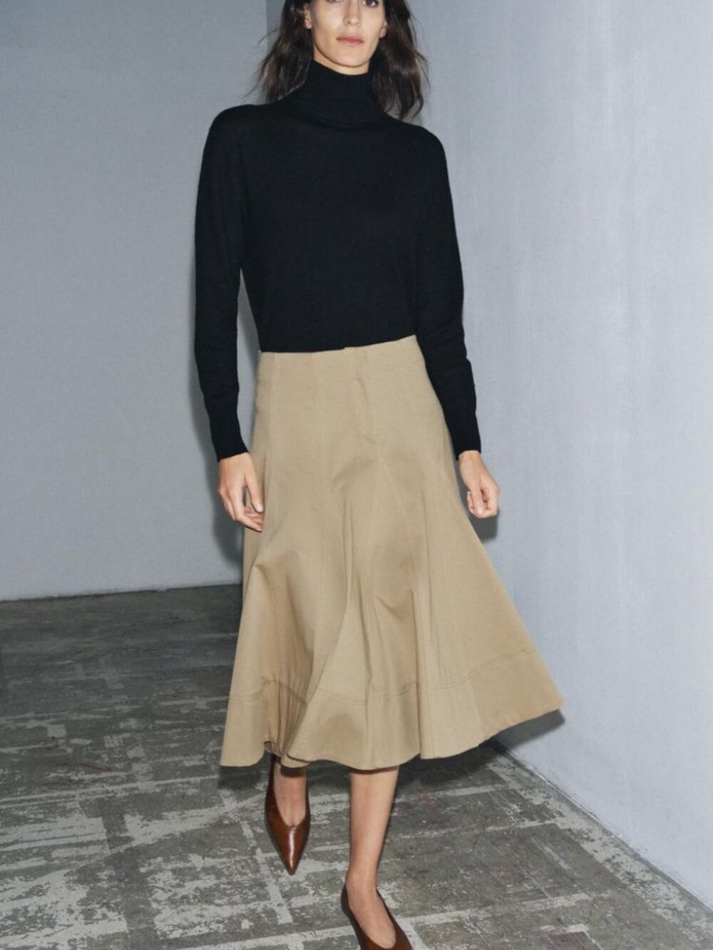 Zara ZW Collection Trench Midi Skirt Light Whiskey Pleated Hem Cotton Large NWT - Picture 4 of 13